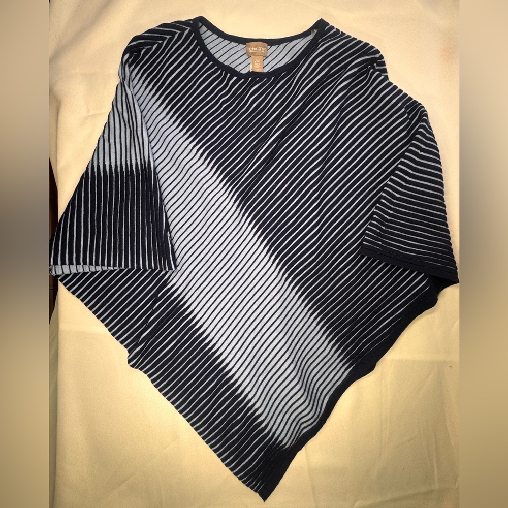 Chico’s Striped Poncho Sweater Navy & Light Blue L/XL